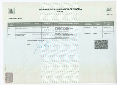 Aluminium certificate - 2